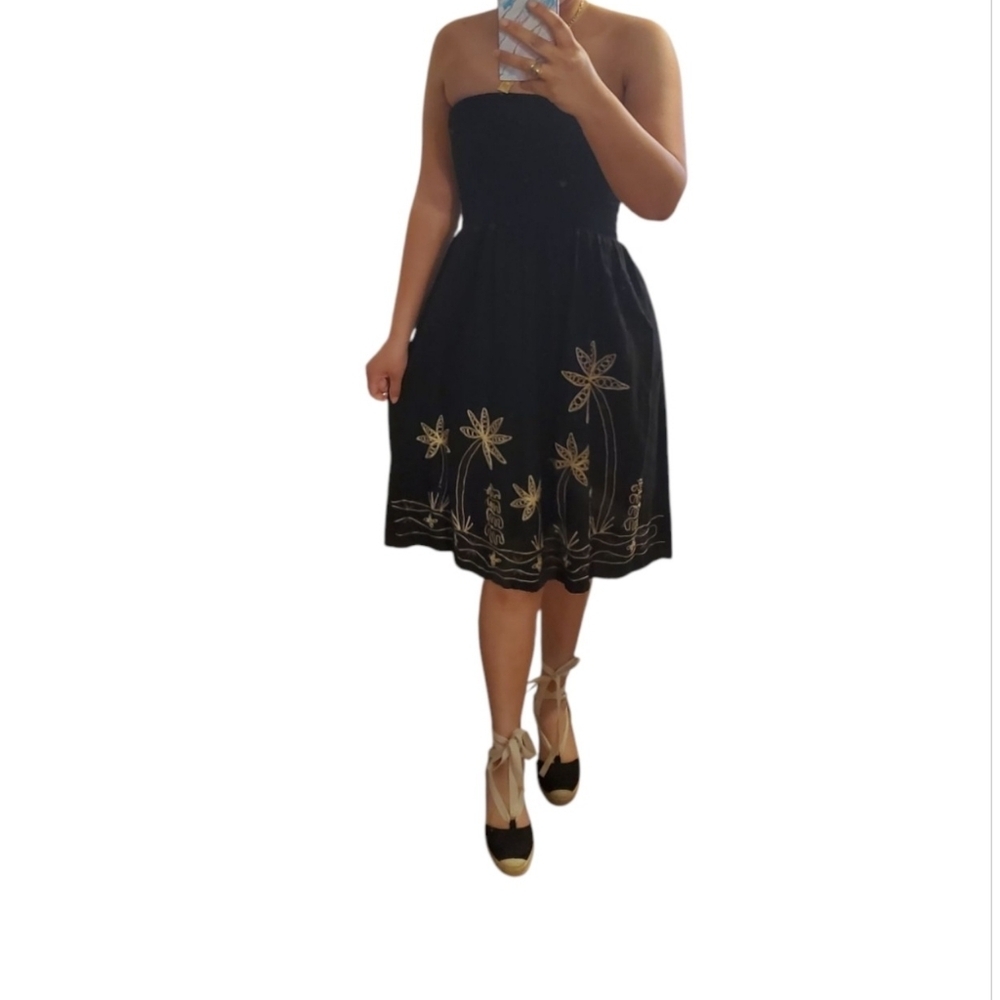 Raya Sun Tropical Embroidered Smocked Top Strapless Mini Dress Black Size XL